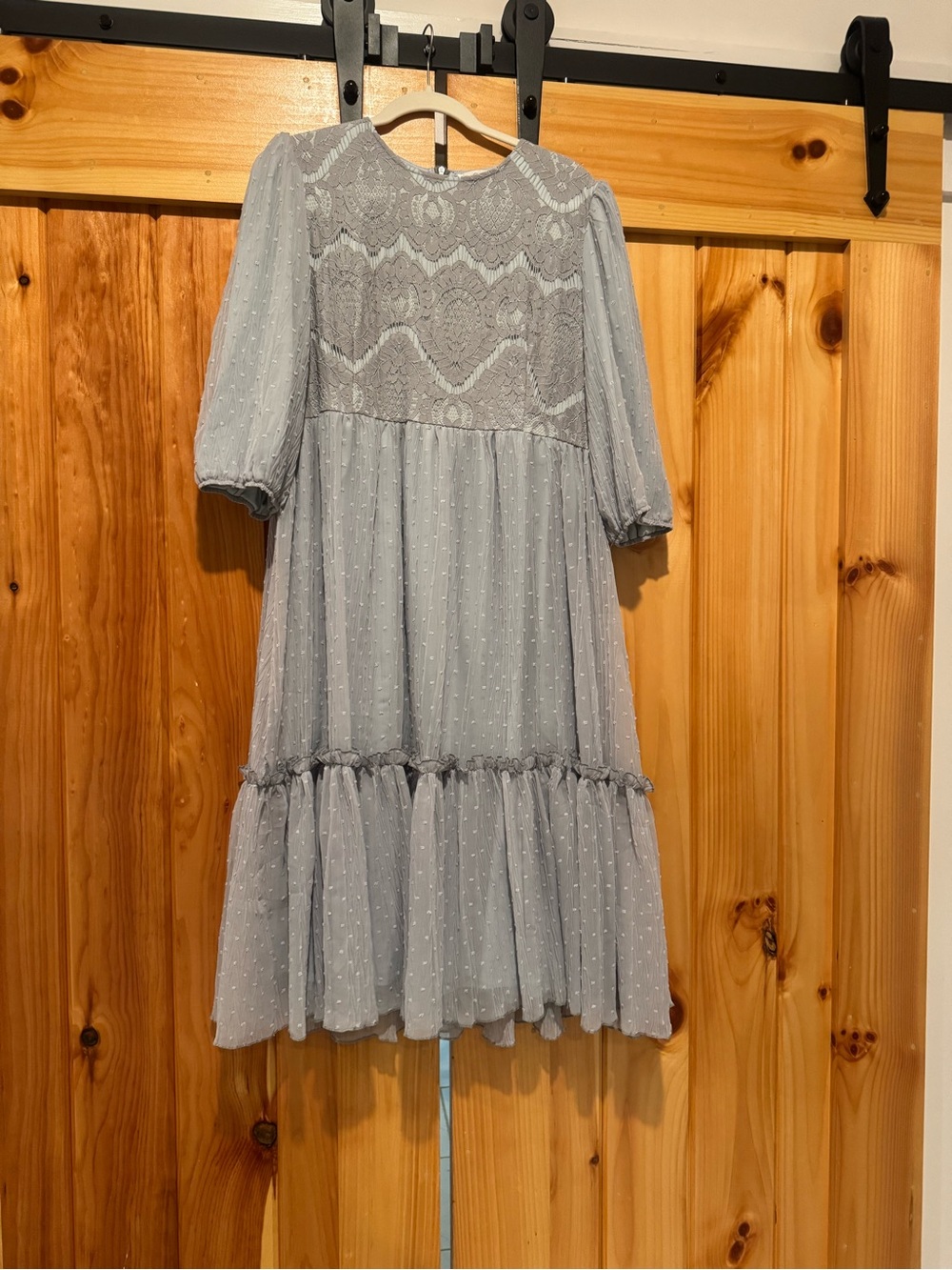 Womens Light Blue Swiss Dot Lace Tiered Dress